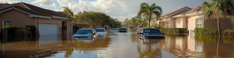 A flooded street with cars parked along the side, highlighting the impact of heavy rainfall