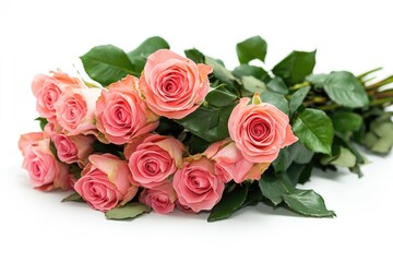 A bouquet of fresh pink roses on a clean white surface, perfect for romantic occasions or decorative purposes