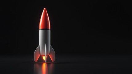 A sleek, futuristic rocket model stands against a dark background, illuminated from below