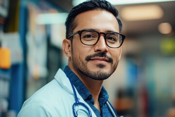 Fototapeta premium Confident male smiling doctor wearing glasses and a stethoscope in a hospital