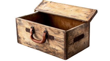 "A rustic wooden storage box with leather handles, featuring a weathered finish and a charming vintage look, isolated on a transparent background. 