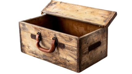 "A rustic wooden storage box with leather handles, featuring a weathered finish and a charming vintage look, isolated on a transparent background. 