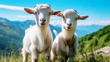 Two young white goats standing on a mountain meadow