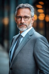 Fototapeta premium Confident mature executive manager CEO boss businessman in a suit and glasses outdoors looking to the camera
