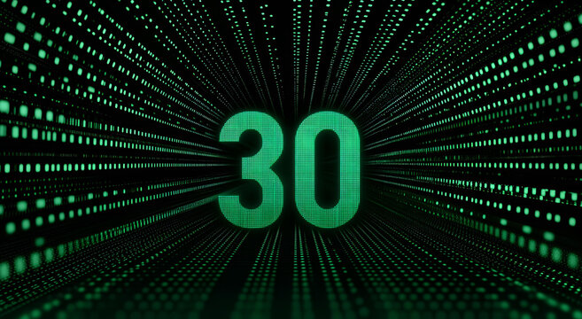 Green Number Thirty in a Digital Tunnel of Lights Data Stream Visualization
