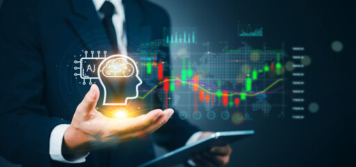 AI in finance: stock analysis. Hand holds AI brain icon, stock charts. Investment strategy, future tech. Data analysis for traders, stock market trends.