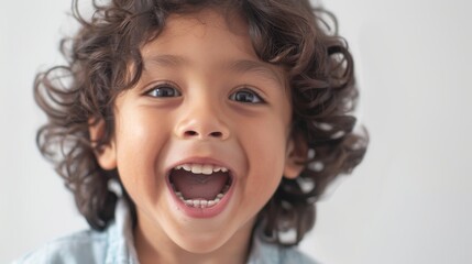 "Young child, possibly a boy or girl, smiling at camera with mouth wide open."