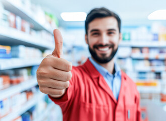 Smiling pharmacist giving a thumbs up in a pharmacy aisle filled with products.