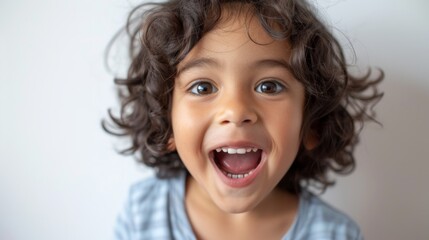 A young child looking joyful with a big smile towards the camera.