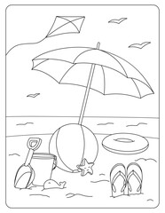 Beach. Umbrella, ball, toys for children. Children's coloring page.
