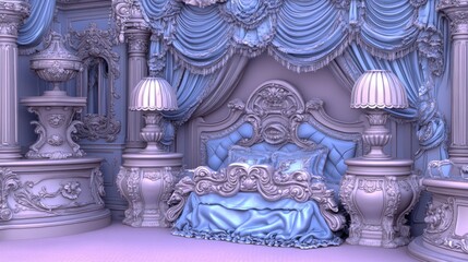 Fototapeta premium Elaborate Blue Bedroom Interior with Ornate Baroque Furniture and Detailed Sculpted Decor