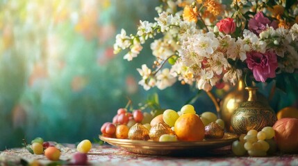 Naklejka premium Vibrant Haft-Seen table with spring flowers, gold ornaments, and fresh fruits, celebrating Nowruz traditions and renewal.