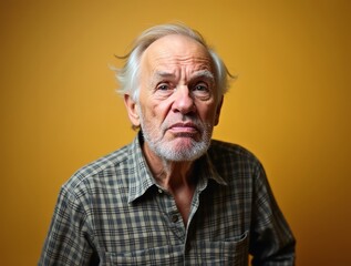 Obraz premium Senior man making disgusted face expression on yellow background