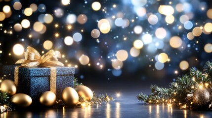 Festive Holiday Decor Blue Gift Box and Golden Eggs with Twinkling Lights