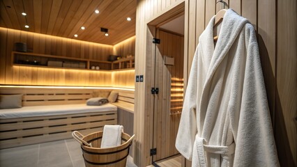 A luxurious sauna with a neatly hung white bathrobe, a wooden bucket, and soft ambient lighting. A perfect place for relaxation, self-care, and wellness therapy.