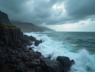 Dramatic ocean waves crashing on rugged coastline under stormy sky