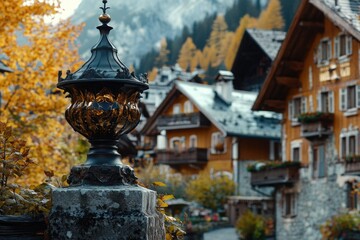 Obraz premium A street light standing in front of a row of houses at night