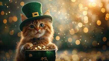 Cat wearing green leprechaun hat, sitting next to a pot of gold. St. Patrick's Day celebration concept, 17th March, copy space