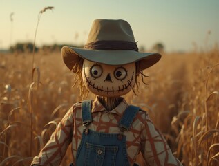 Obraz premium Scarecrow protecting wheat field at sunset: rural landscape