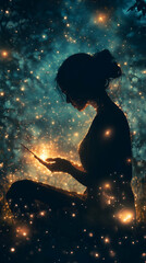 Naklejka premium mystical woman glow sparkles serene illustration