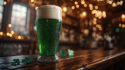 A frosty glass of vibrant green beer placed on a rustic wooden bar counter. St. Patrick's Day celebration concept, 17th March, vertical, copy space