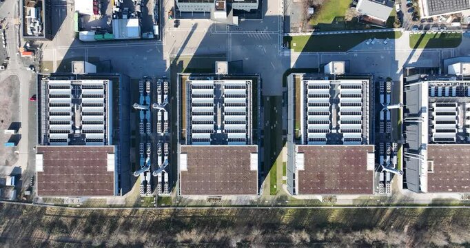Frankfurt 4 Data Center, Home of AI and cloud computing, IT infrastructure. Top down view.