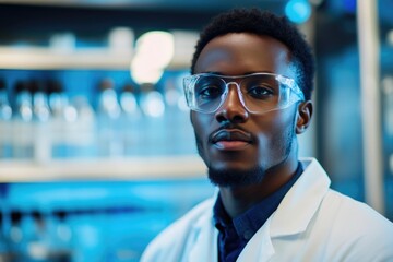 Close-up portrait of young scientist in white coat
