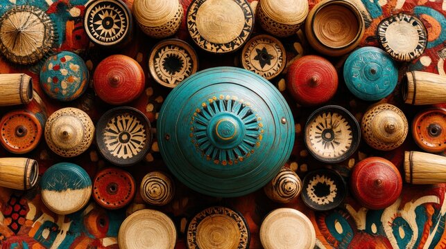 Colorful handcrafted bowls & lids on patterned rug