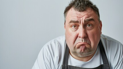 Fototapeta premium This image features a man wearing an apron, looking exasperated or confused.