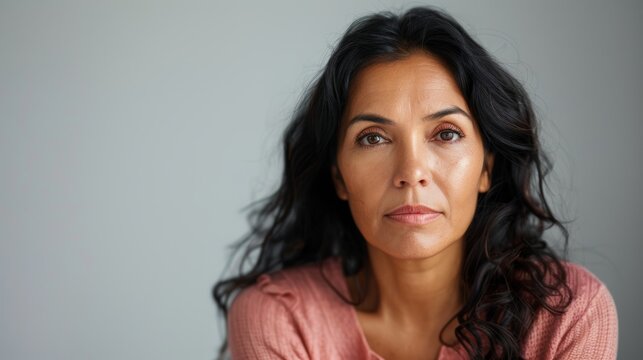 "Woman looking directly into the camera with a neutral expression."