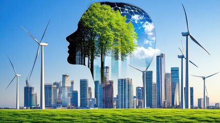 Green Energy and Sustainable Cityscape with Wind Turbines and Tree Silhouette