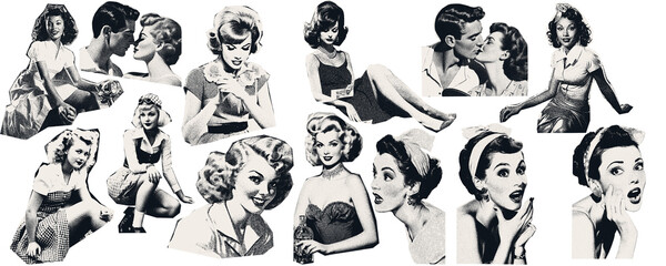 Vintage image of  women. The effect of being cut out with scissors from a magazine.