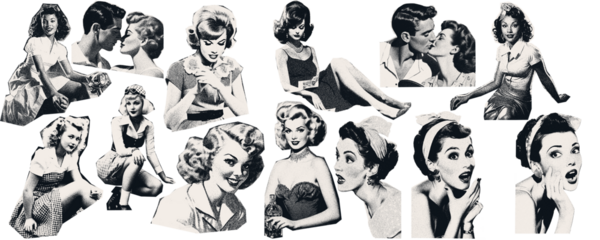 Vintage image of  women. The effect of being cut out with scissors from a magazine.