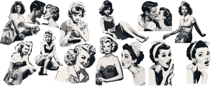 Vintage image of  women. The effect of being cut out with scissors from a magazine.