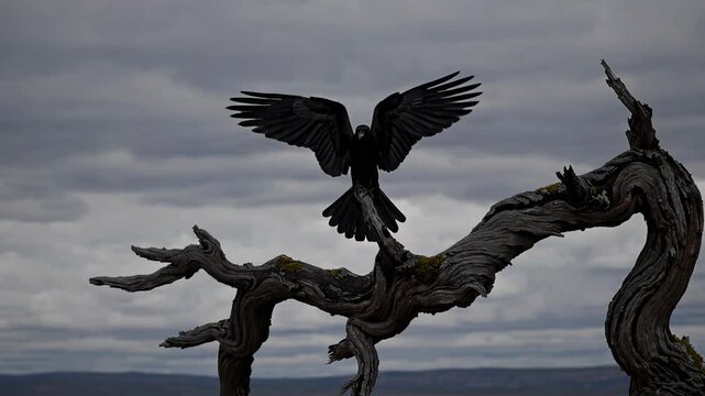 A dramatic video still of a crow with wings spread, perched on a twisted branch. Shot from a low angle against a cloudy sky, emphasizing a moody atmosphere.