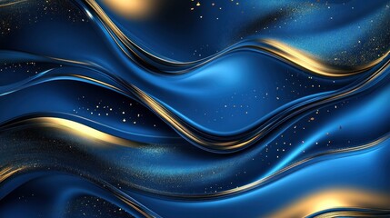 Abstract blue and gold liquid waves with sparkling particles.