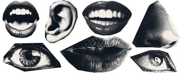 Vintage image of   lips, ear, smiles, eyes. The effect of being cut out with scissors from a magazine.