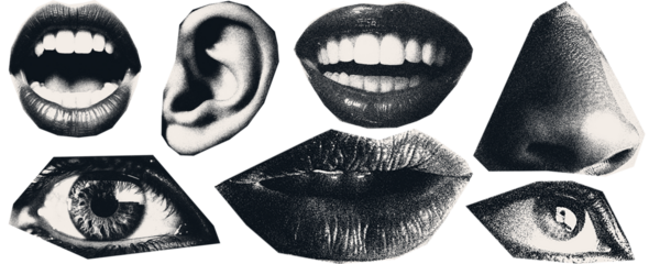 Vintage image of   lips, ear, smiles, eyes. The effect of being cut out with scissors from a magazine.