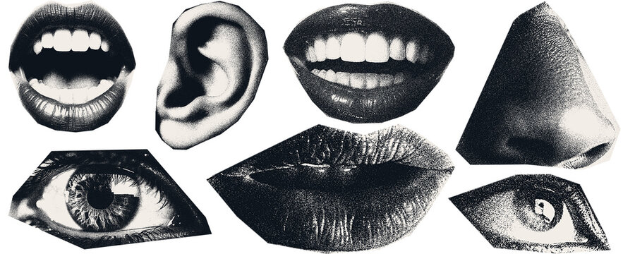 Vintage image of   lips, ear, smiles, eyes. The effect of being cut out with scissors from a magazine.