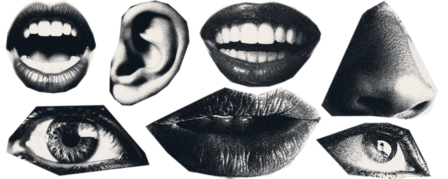 Vintage image of   lips, ear, smiles, eyes. The effect of being cut out with scissors from a magazine.