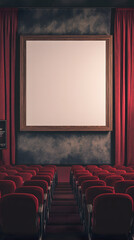 Obraz premium A large blank frame on the wall of an empty movie theater with red velvet curtains 