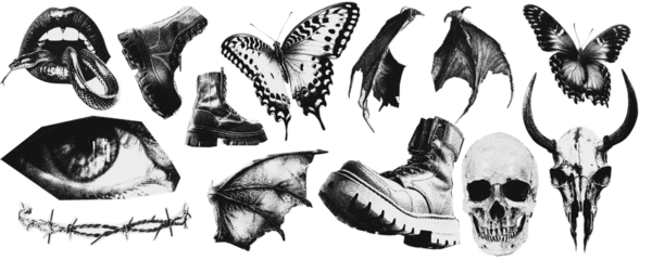 Vintage image of rocker objects. The effect of being cut out of a magazine with scissors.