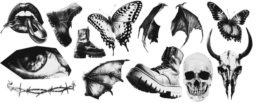 Vintage image of rocker objects. The effect of being cut out of a magazine with scissors.