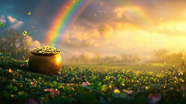 Postcard landscape with a vibrant rainbow arching over a golden pot of coins at the end of the rainbow. St. Patrick's Day celebration concept, 17th March, copy space