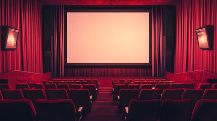 Fototapeta premium A large blank frame on the wall of an empty movie theater with red velvet curtains 
