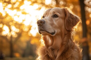 Golden Retriever Dog in Autumn Sunlight, Gazing Serene, Peaceful Canine Portrait,  Nature's Beauty Captures Golden Fur, Majestic Animal.
