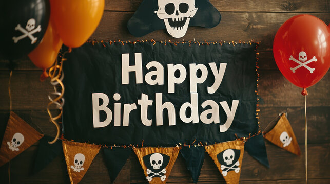 Happy pirate themed birthday party setup with decorations and balloons, happy birthday anniversary theme.