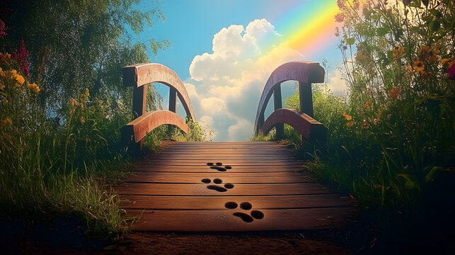 Rainbow bridge leading to the sky with paw prints along the path. picture