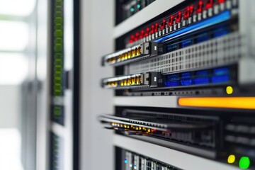 Row of servers in a modern server room with racks and network equipment