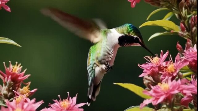 Un colibri revolotea en una flores